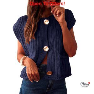 Sleeveless Cropped Chunky Knit Cardigan Sweater Vest with Pockets